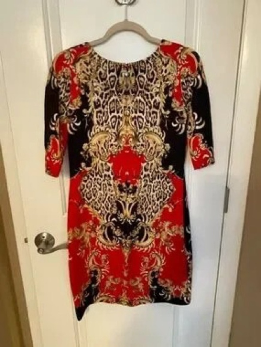 Just Cavalli Red, Black & Gold Baroque Midi Dress